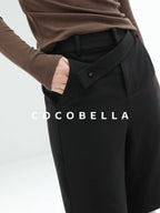 COCOBELLA High Waist Pu Straight Leg 3D Embellished Office Workwear Black Pants