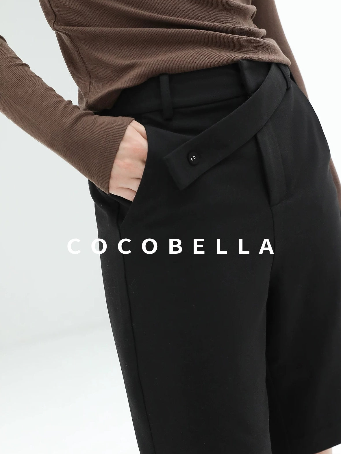 COCOBELLA High Waist Pu Straight Leg 3D Embellished Office Workwear Black Pants