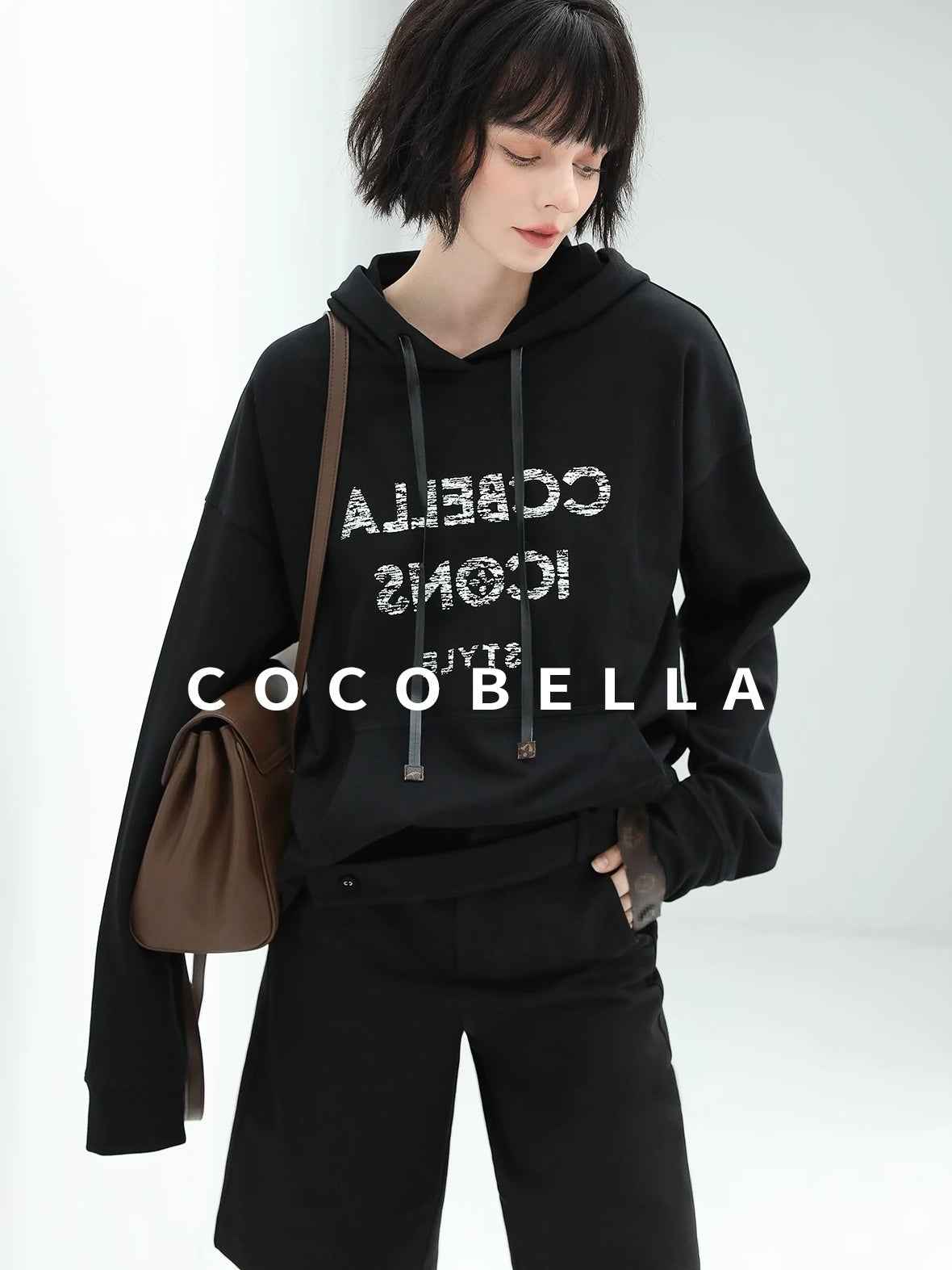 COCOBELLA High Waist Pu Straight Leg 3D Embellished Office Workwear Black Pants