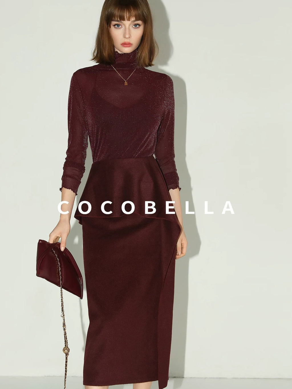 COCOBELLA High Waist Ruffle Asymmetric Slit H Line Office Work Midi Straight Skirts