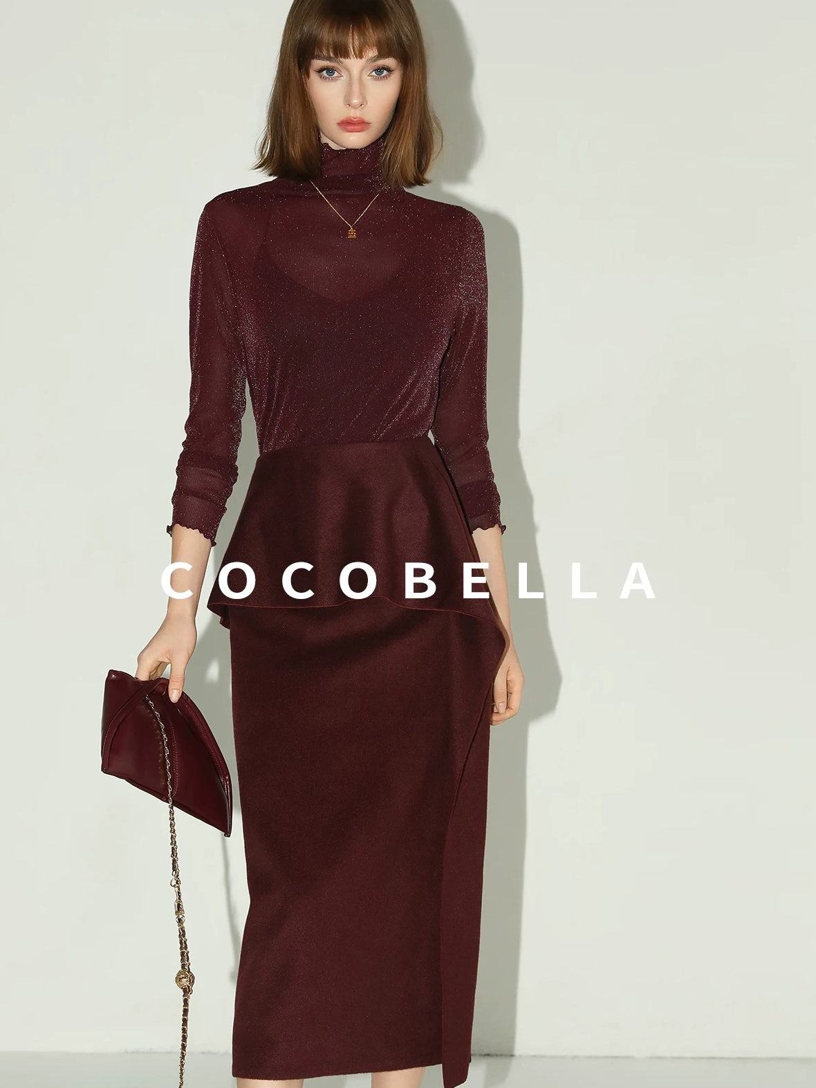 COCOBELLA High Waist Ruffle Asymmetric Slit H Line Office Work Midi Straight Skirts