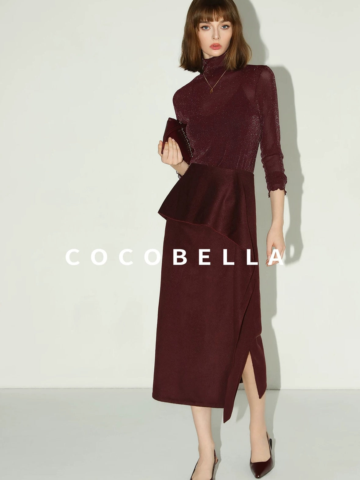 COCOBELLA High Waist Ruffle Asymmetric Slit H Line Office Work Midi Straight Skirts