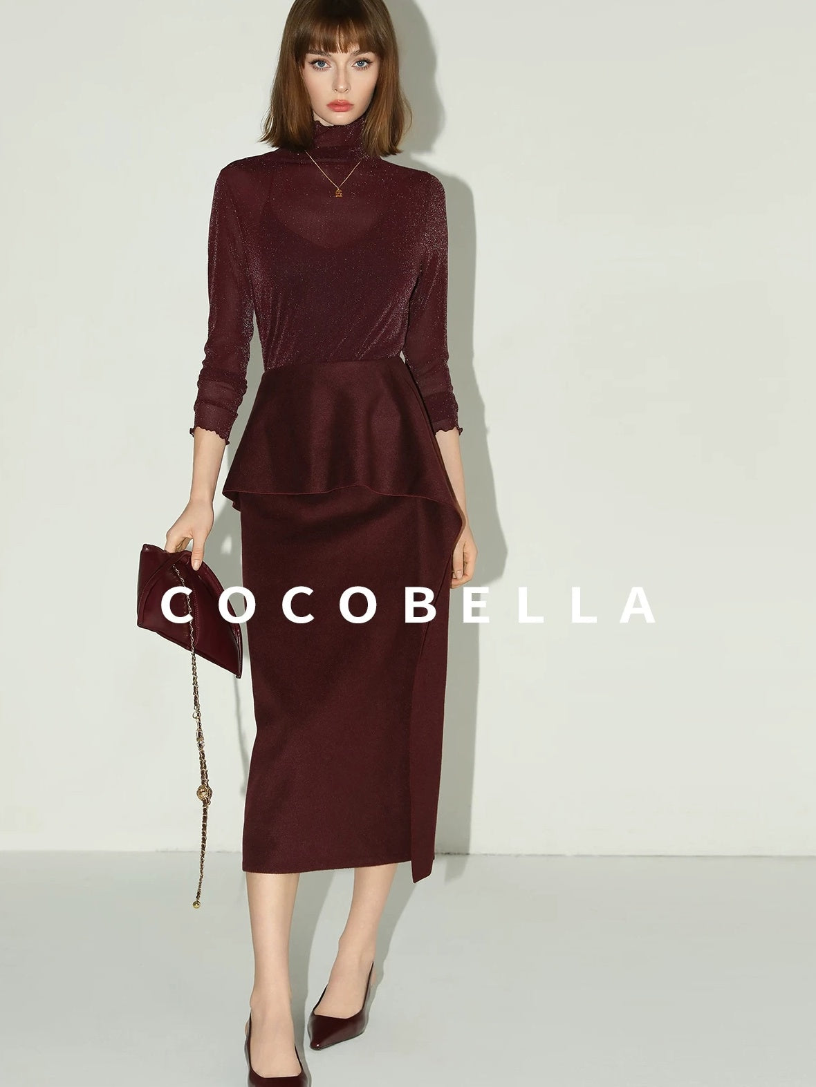 COCOBELLA High Waist Ruffle Asymmetric Slit H Line Office Work Midi Straight Skirts
