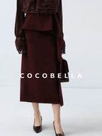 COCOBELLA High Waist Ruffle Asymmetric Slit H Line Office Work Midi Straight Skirts