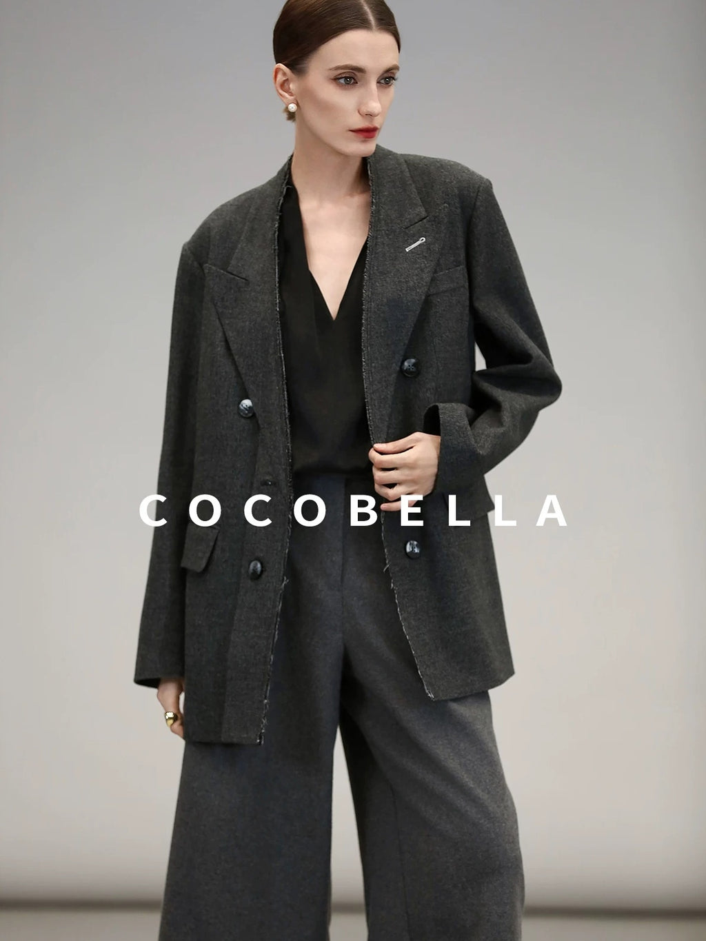 COCOBELLA High Waist Sculpted Tailored Wide Leg Office Chic Paris Gray Wool Blend Pants