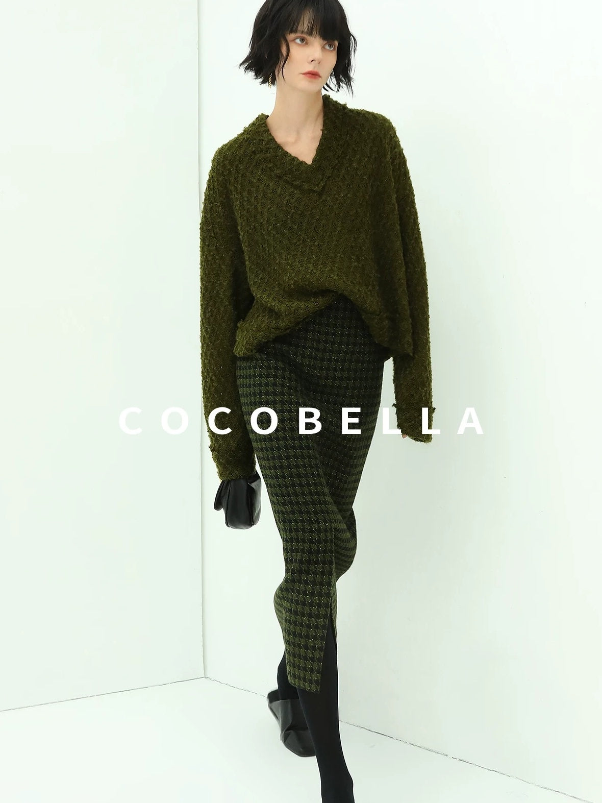 COCOBELLA High Waist Shimmer Wool Blend Straight Midi Lady Office Skirts