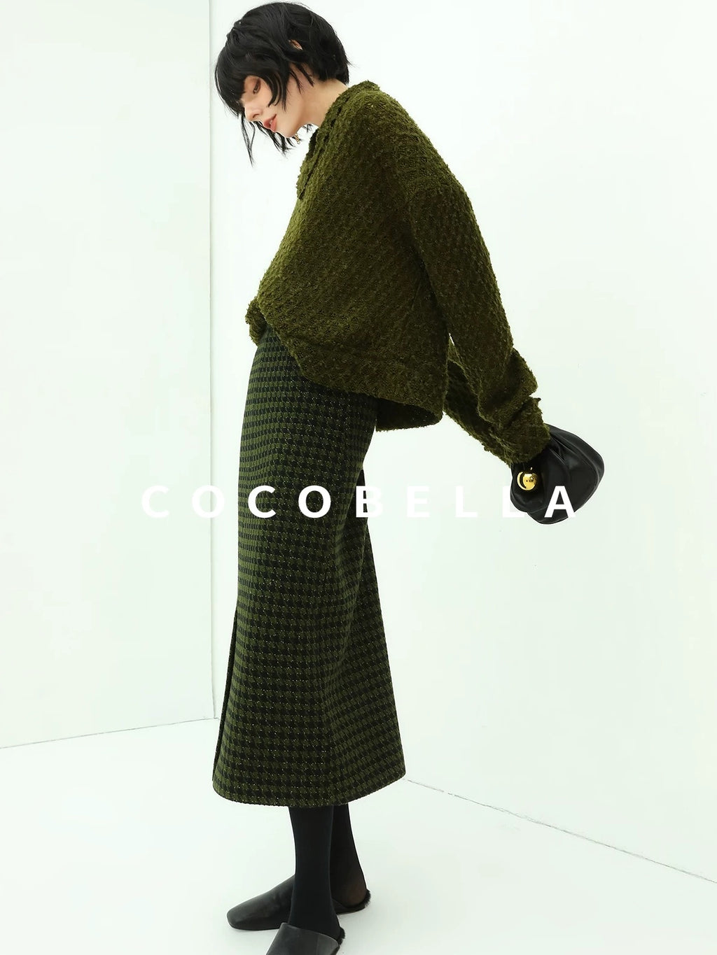 COCOBELLA High Waist Shimmer Wool Blend Straight Midi Lady Office Skirts