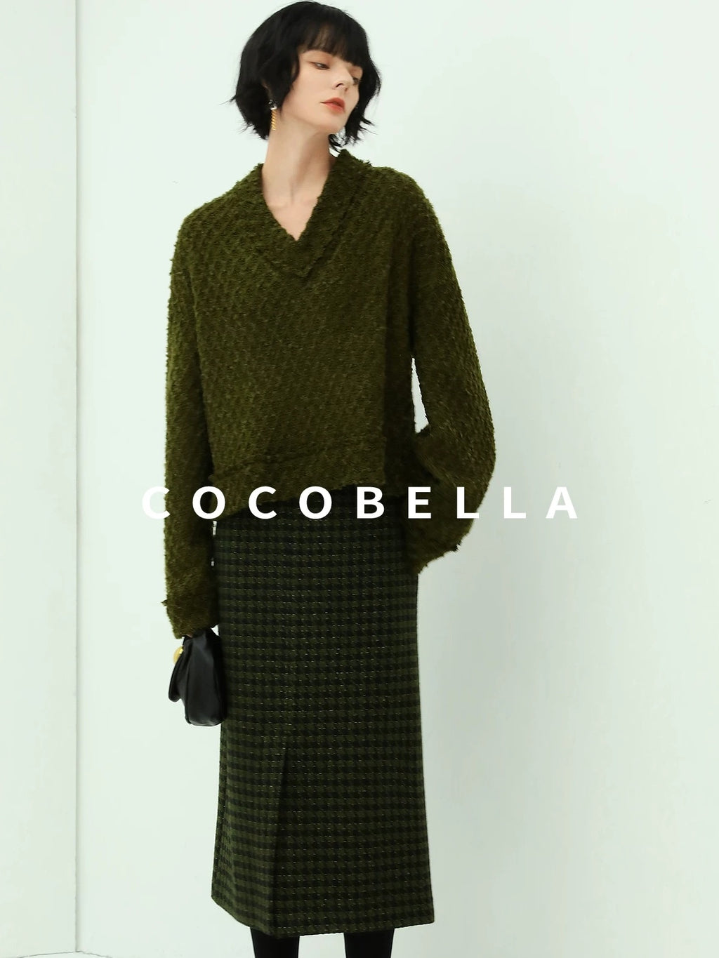 COCOBELLA High Waist Shimmer Wool Blend Straight Midi Lady Office Skirts