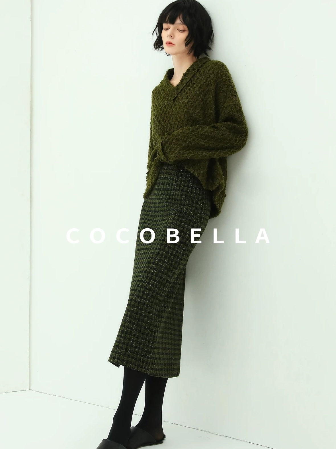 COCOBELLA High Waist Shimmer Wool Blend Straight Midi Lady Office Skirts