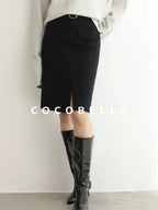 COCOBELLA High Waist Slit Office A Line Women Black Polyester Viscose Wool Blend Skirts