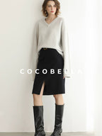 COCOBELLA High Waist Slit Office A Line Women Black Polyester Viscose Wool Blend Skirts