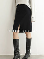 COCOBELLA High Waist Slit Office A Line Women Black Polyester Viscose Wool Blend Skirts