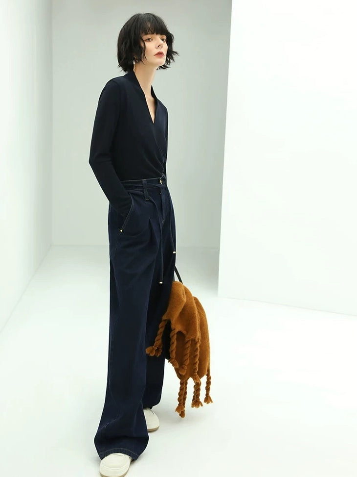 COCOBELLA High Waist Straight Leg Zipper Fly Casual Women Cotton Blend Dark Denim Pants