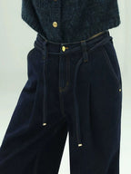 COCOBELLA High Waist Straight Leg Zipper Fly Casual Women Cotton Blend Dark Denim Pants