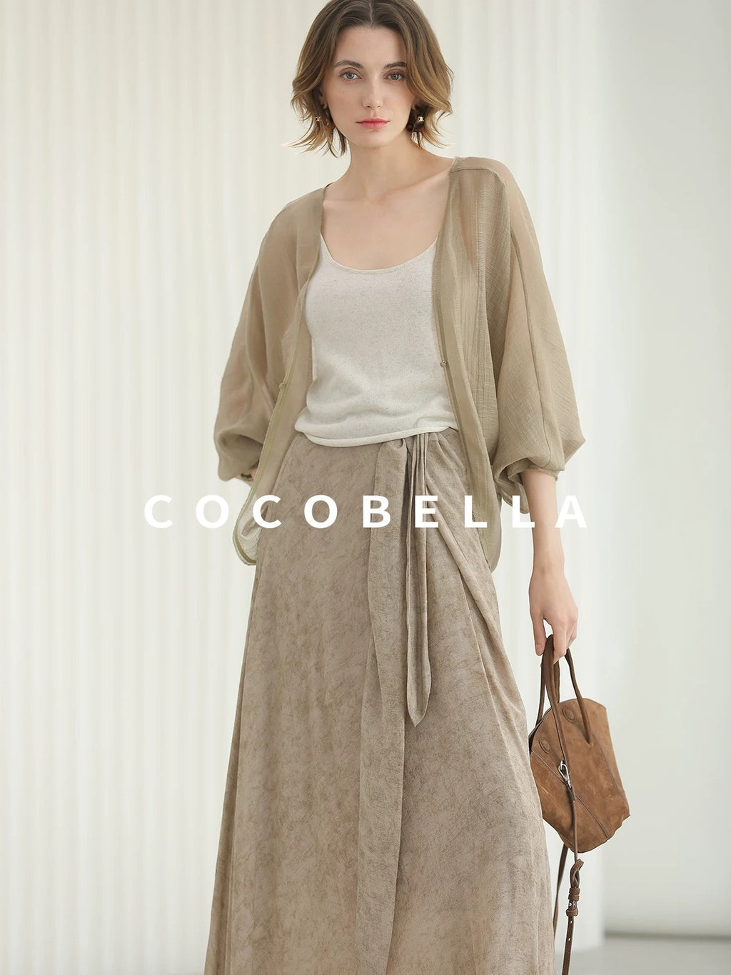 COCOBELLA High Waist Tie New Chinese A Line Women Office Maxi Viscose Milk Tea Skirts