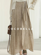 COCOBELLA High Waist Tie New Chinese A Line Women Office Maxi Viscose Milk Tea Skirts