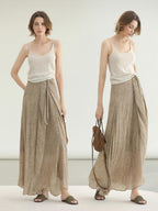 COCOBELLA High Waist Tie New Chinese A Line Women Office Maxi Viscose Milk Tea Skirts