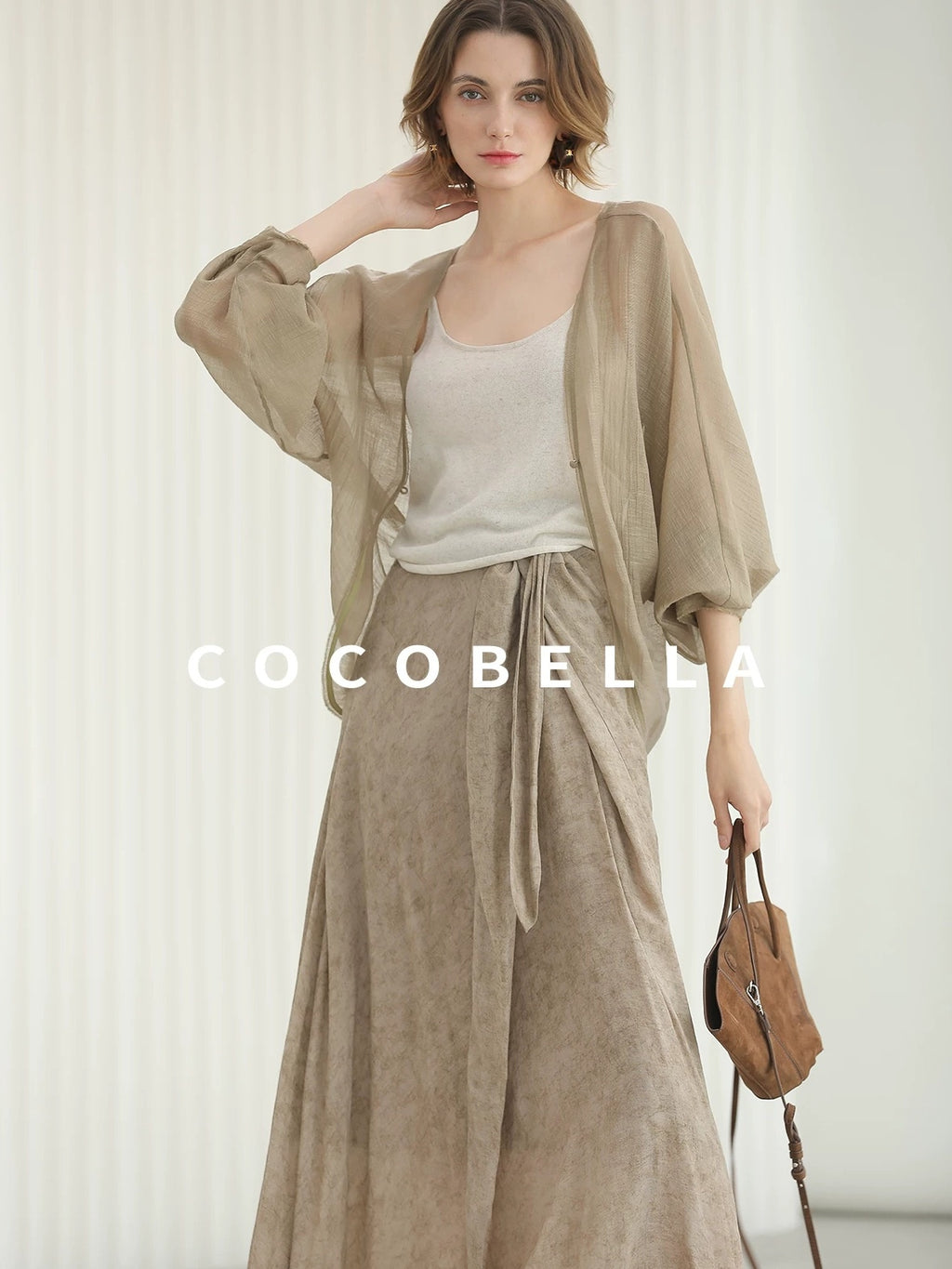 COCOBELLA High Waist Tie New Chinese A Line Women Office Maxi Viscose Milk Tea Skirts