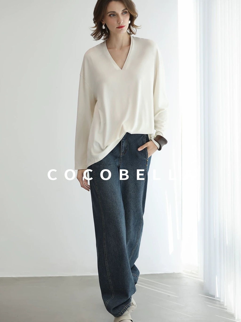 COCOBELLA High Waist Vintage Straight Leg Denim Blue Casual Cotton Blend Women Pants