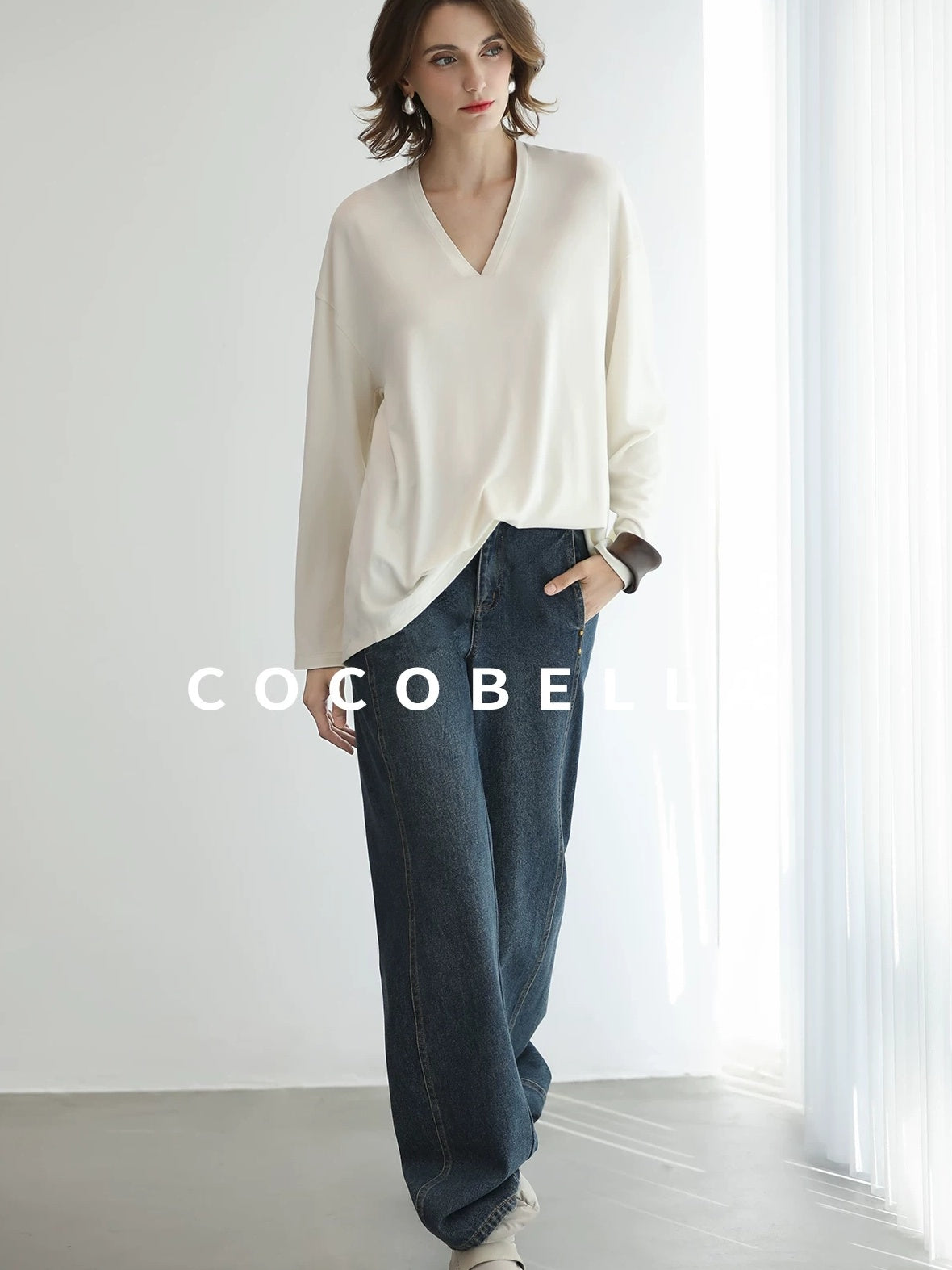 COCOBELLA High Waist Vintage Straight Leg Denim Blue Casual Cotton Blend Women Pants