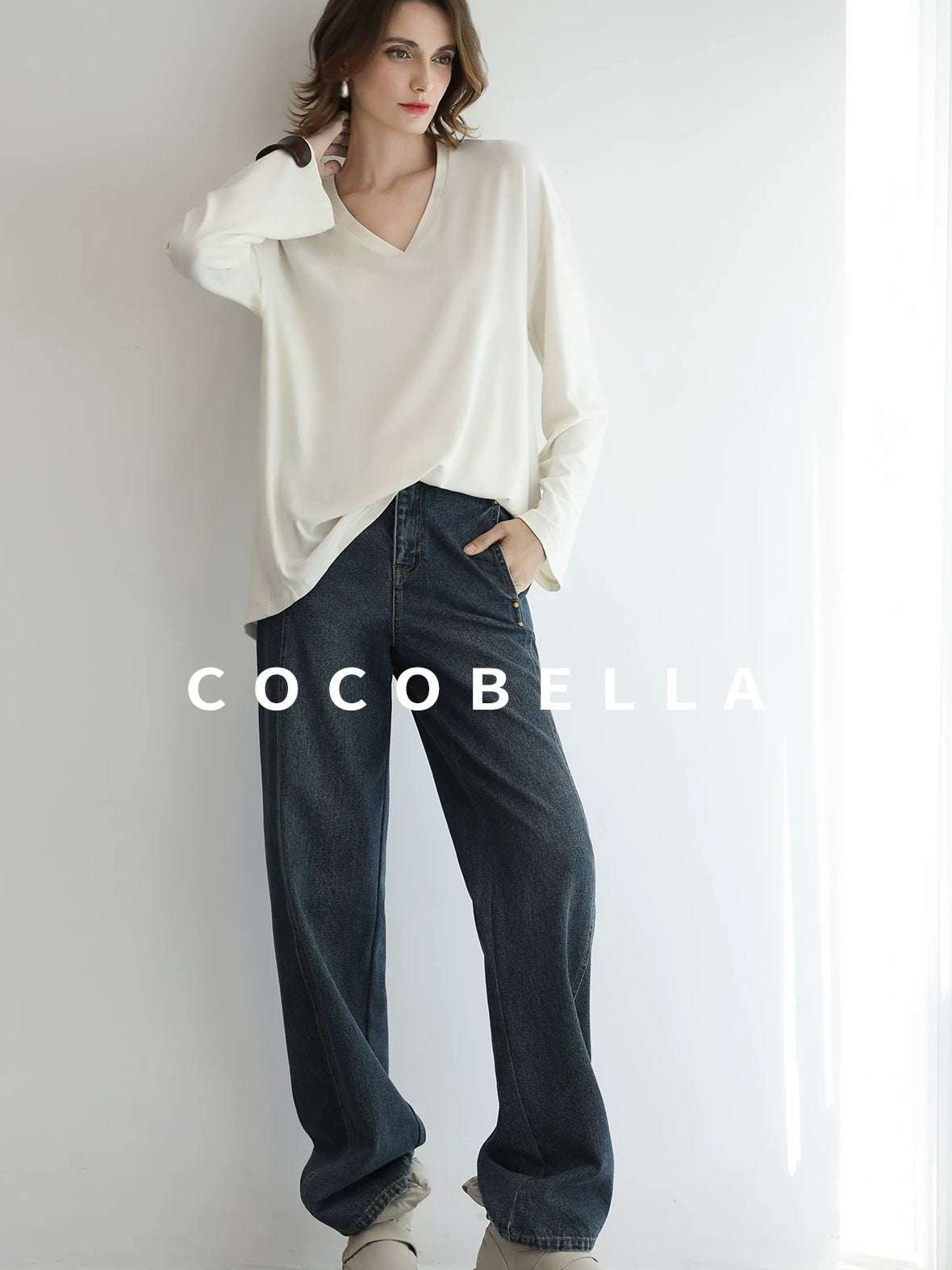 COCOBELLA High Waist Vintage Straight Leg Denim Blue Casual Cotton Blend Women Pants