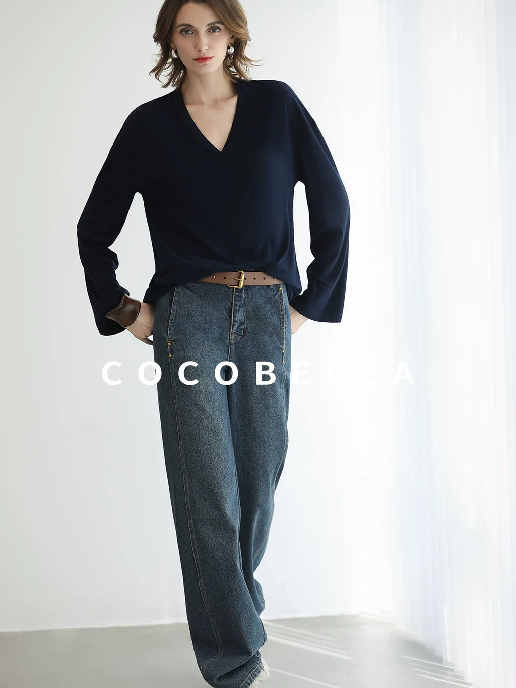 COCOBELLA High Waist Vintage Straight Leg Denim Blue Casual Cotton Blend Women Pants
