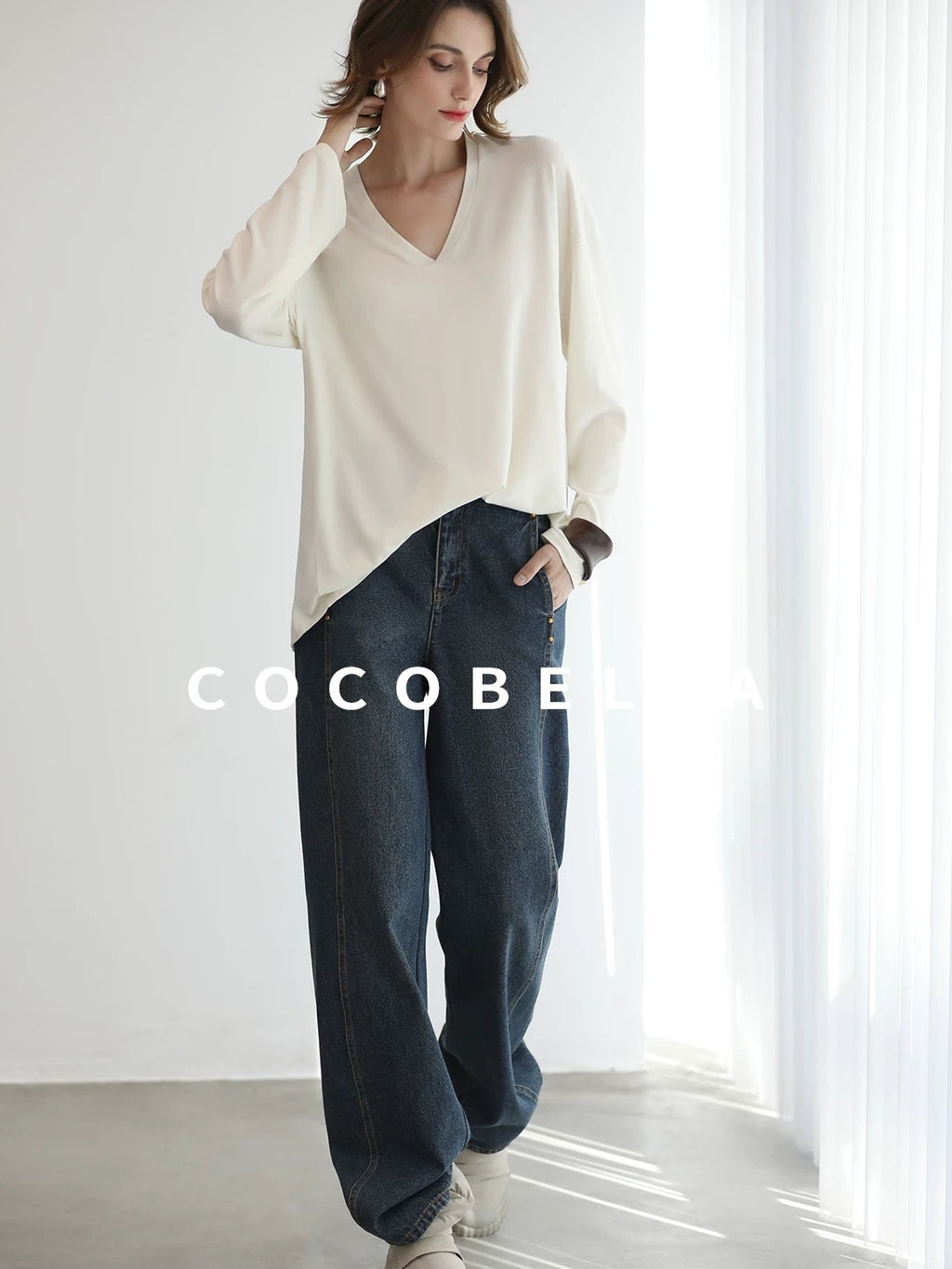 COCOBELLA High Waist Vintage Straight Leg Denim Blue Casual Cotton Blend Women Pants