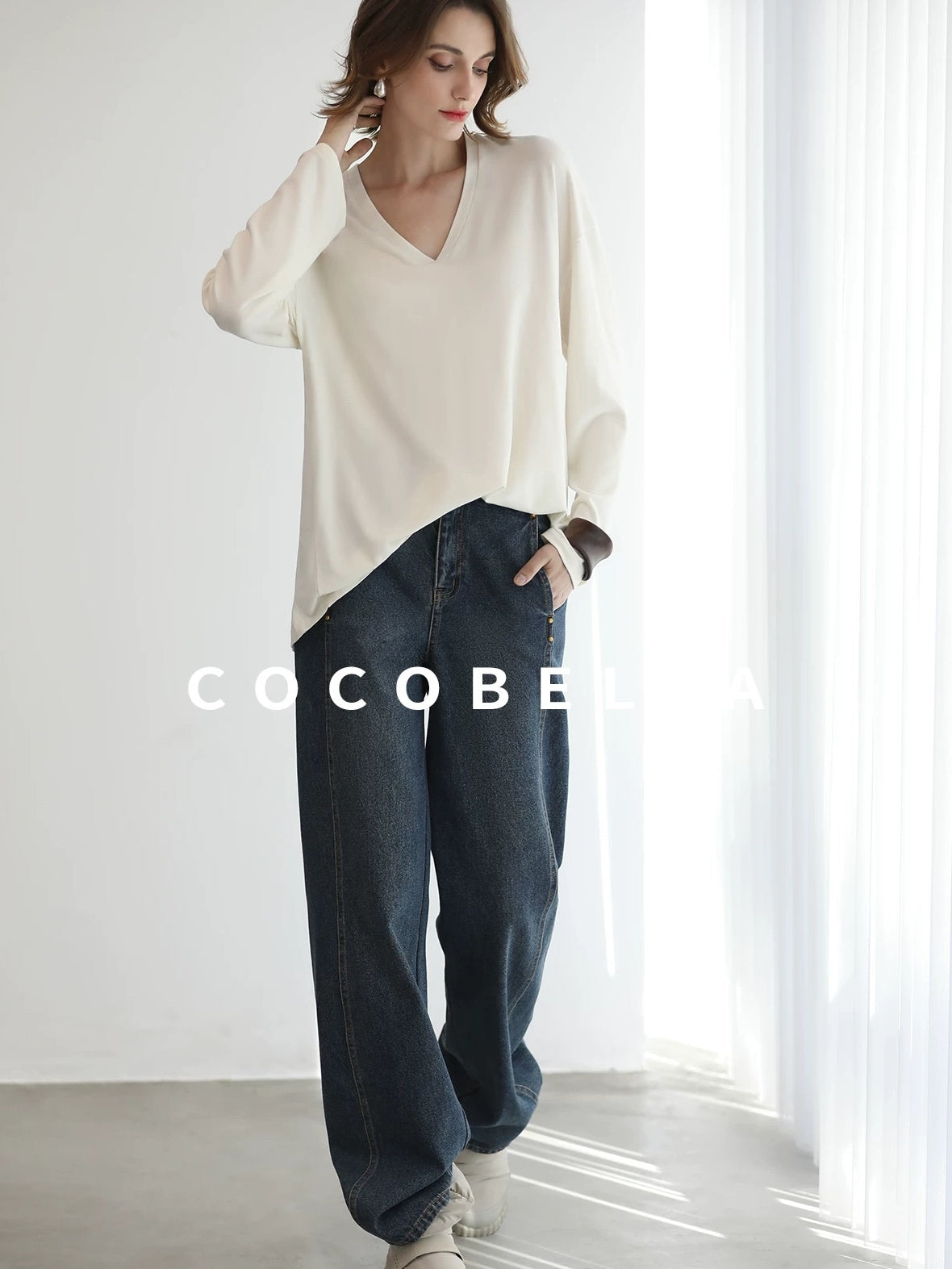 COCOBELLA High Waist Vintage Straight Leg Denim Blue Casual Cotton Blend Women Pants