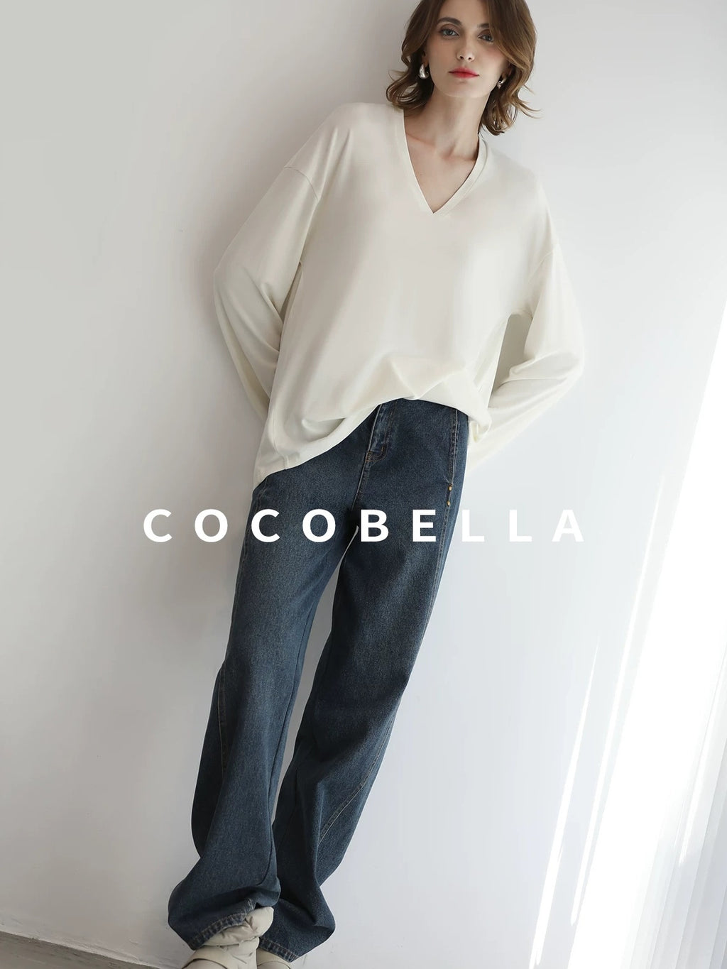 COCOBELLA High Waist Vintage Straight Leg Denim Blue Casual Cotton Blend Women Pants