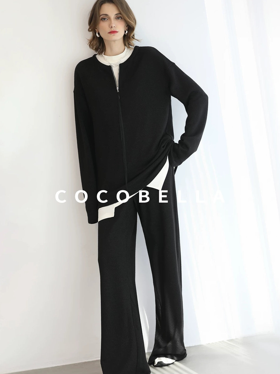 COCOBELLA High Waist Wide Leg Knit Elastic Waist Casual Loose Solid Color Women Pants