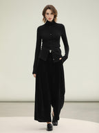 COCOBELLA High Waist Wide Leg Tailored Button Zipper Minimalist Office Work Pockets Pants