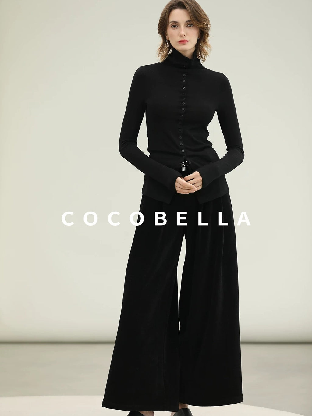 COCOBELLA High Waist Wide Leg Tailored Button Zipper Minimalist Office Work Pockets Pants