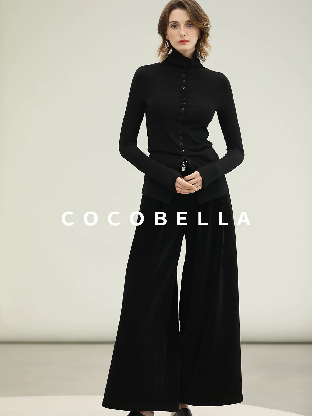 COCOBELLA High Waist Wide Leg Tailored Button Zipper Minimalist Office Work Pockets Pants