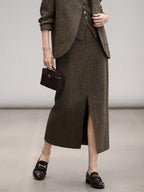 COCOBELLA High Waist Wool Blend Front Slit Vintage Commuter Straight Midi Women Skirts