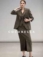 COCOBELLA High Waist Wool Blend Front Slit Vintage Commuter Straight Midi Women Skirts