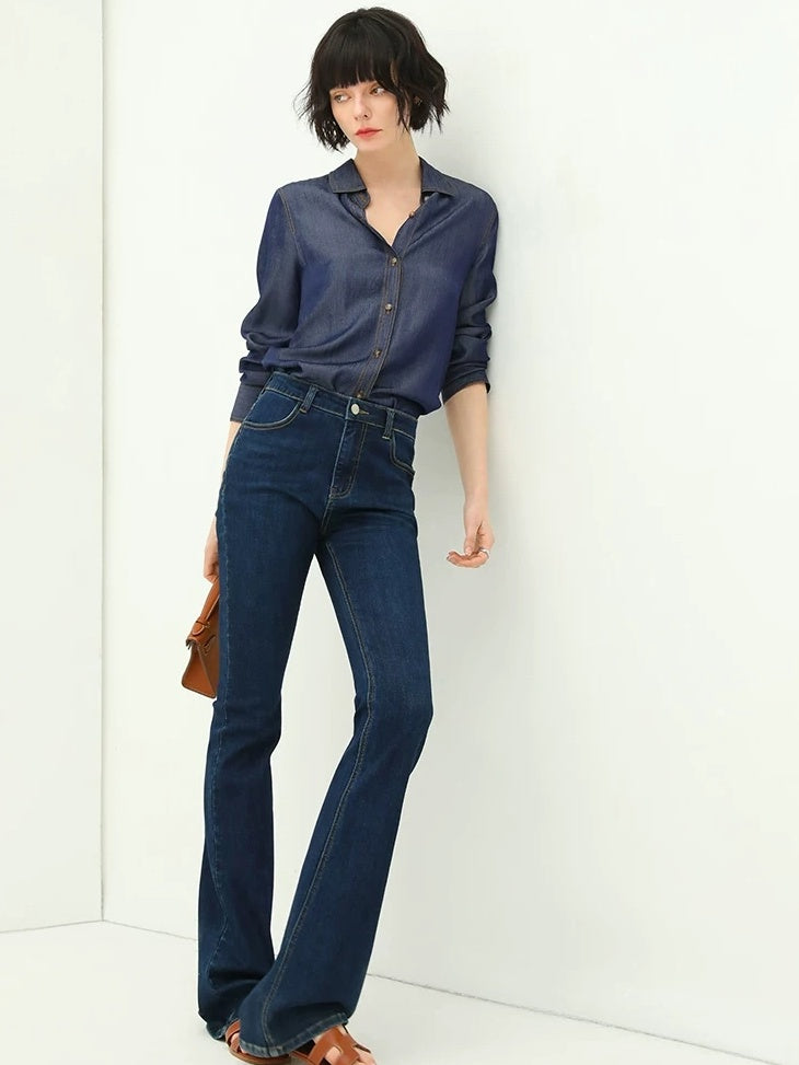 COCOBELLA High Waisted Stretch Vintage Slim Women Dark Blue Denim Jeans Pants