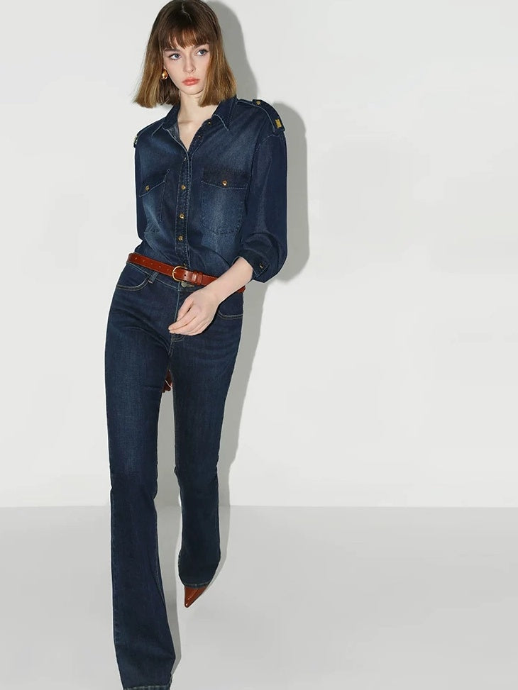 COCOBELLA High Waisted Stretch Vintage Slim Women Dark Blue Denim Jeans Pants