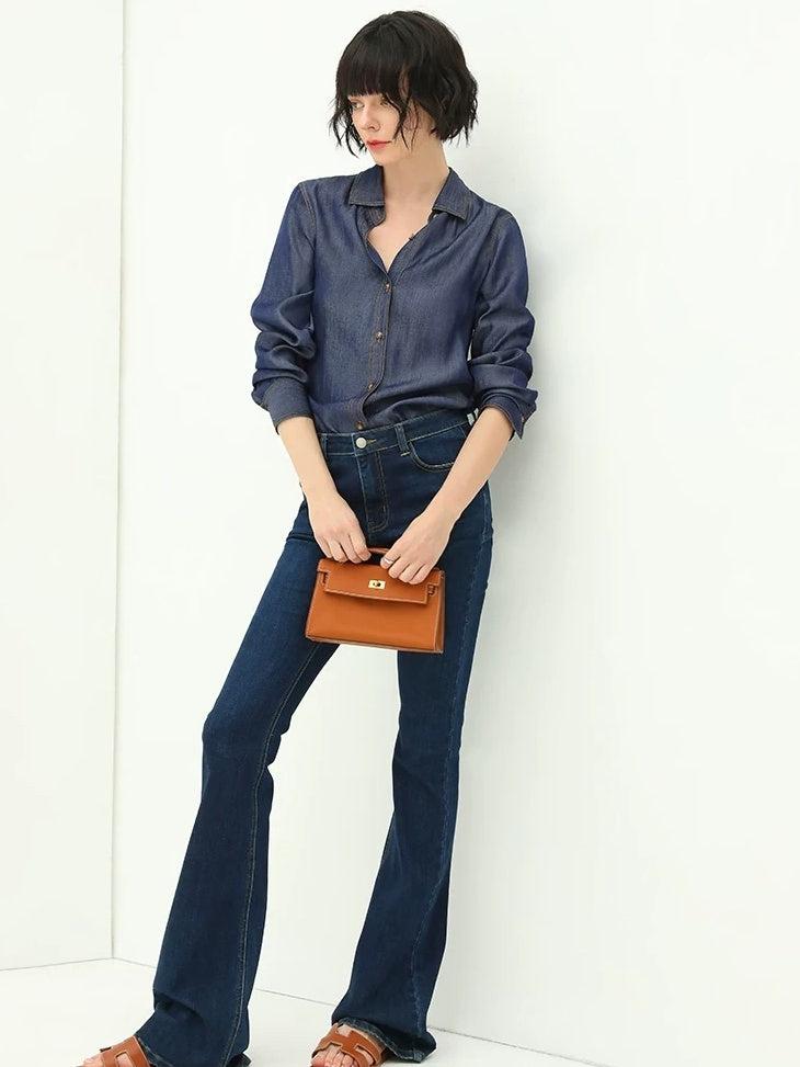 COCOBELLA High Waisted Stretch Vintage Slim Women Dark Blue Denim Jeans Pants