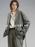 COCOBELLA Jacquard Herringbone Single Button Straight Fit Office Women Pockets Blazers