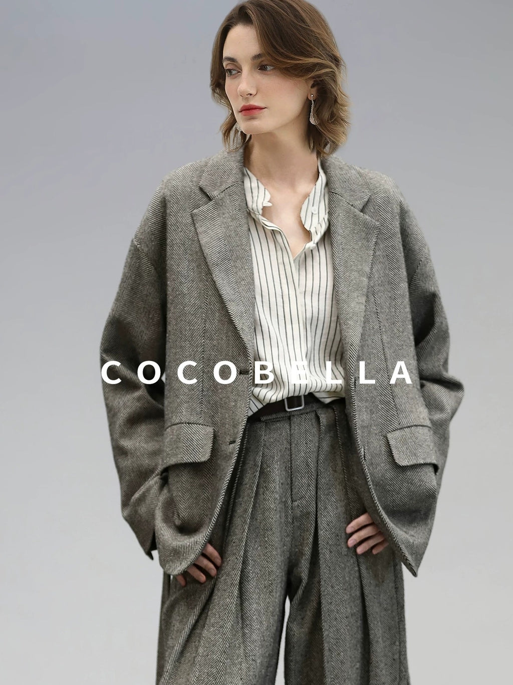 COCOBELLA Jacquard Herringbone Single Button Straight Fit Office Women Pockets Blazers