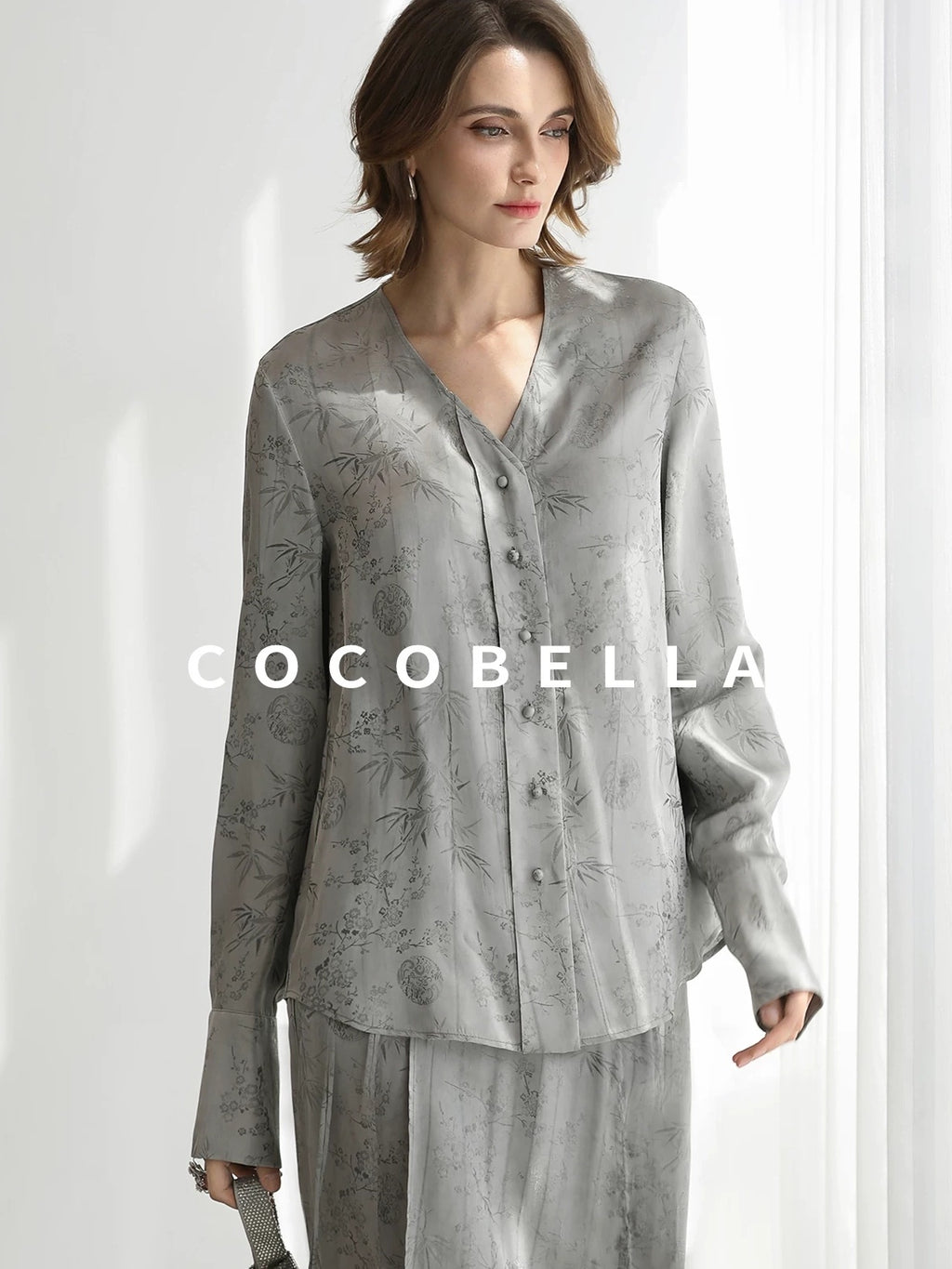 COCOBELLA Jacquard V Neck Long Sleeve Straight Cut Elegant Office Women Rayon Blend Shirts