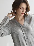 COCOBELLA Jacquard V Neck Long Sleeve Straight Cut Elegant Office Women Rayon Blend Shirts