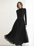 COCOBELLA Knit Viscose Ruching Patchwork A Line Waist Cinch Office Black Dresses