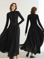 COCOBELLA Knit Viscose Ruching Patchwork A Line Waist Cinch Office Black Dresses