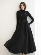 COCOBELLA Knit Viscose Ruching Patchwork A Line Waist Cinch Office Black Dresses