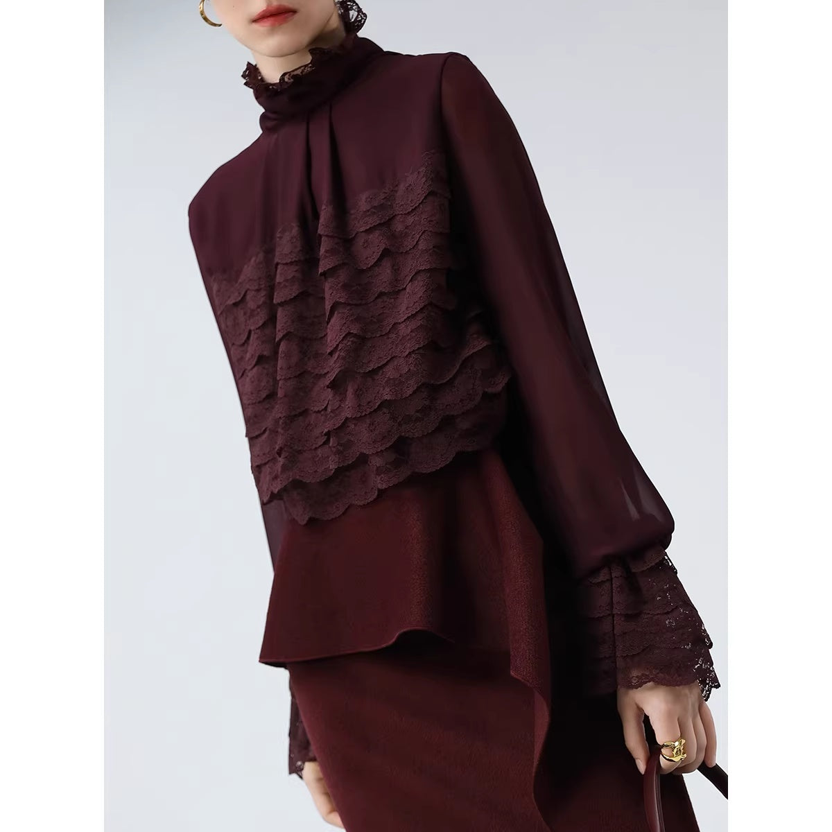 COCOBELLA_Lace_Patchwork_Pleated_Commuter_Straight_Fit_Stand_Collar_Womens_Blouse_Shirts_MISSTT