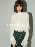 COCOBELLA Lace Patchwork Pleated Commuter Straight Fit Stand Collar Womens Blouse Shirts