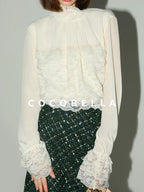 COCOBELLA Lace Patchwork Pleated Commuter Straight Fit Stand Collar Womens Blouse Shirts