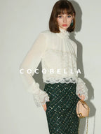 COCOBELLA Lace Patchwork Pleated Commuter Straight Fit Stand Collar Womens Blouse Shirts
