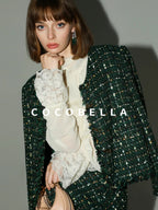 COCOBELLA Lace Patchwork Pleated Commuter Straight Fit Stand Collar Womens Blouse Shirts